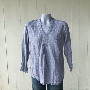 L.L. Bean 100% Linen Blue Striped Long Sleeve Tunic Popover Blouse Small Petite